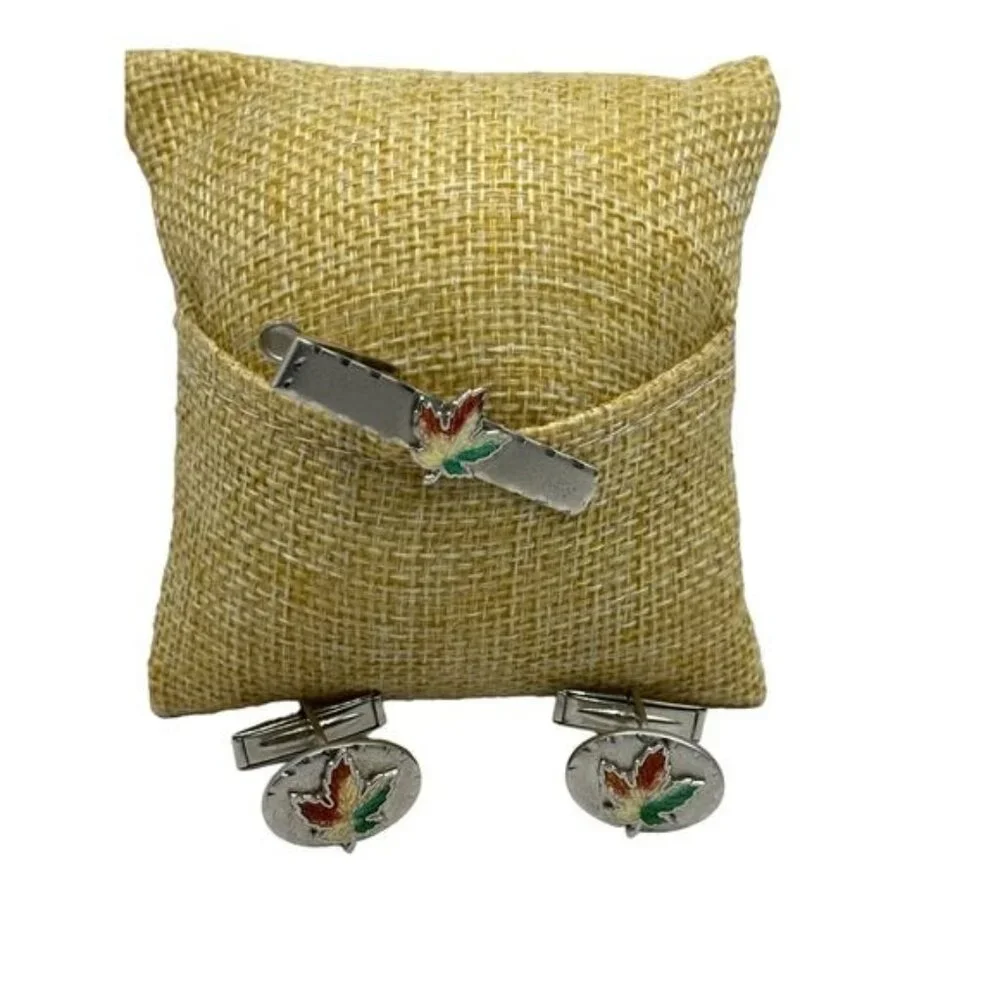 Sterling Silver Maple Leaf Cufflinks & Tie Clip Set With Enamel Accents